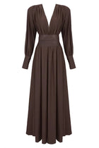 Deep V-Neck Lantern Sleeve Draped Pleated Dress