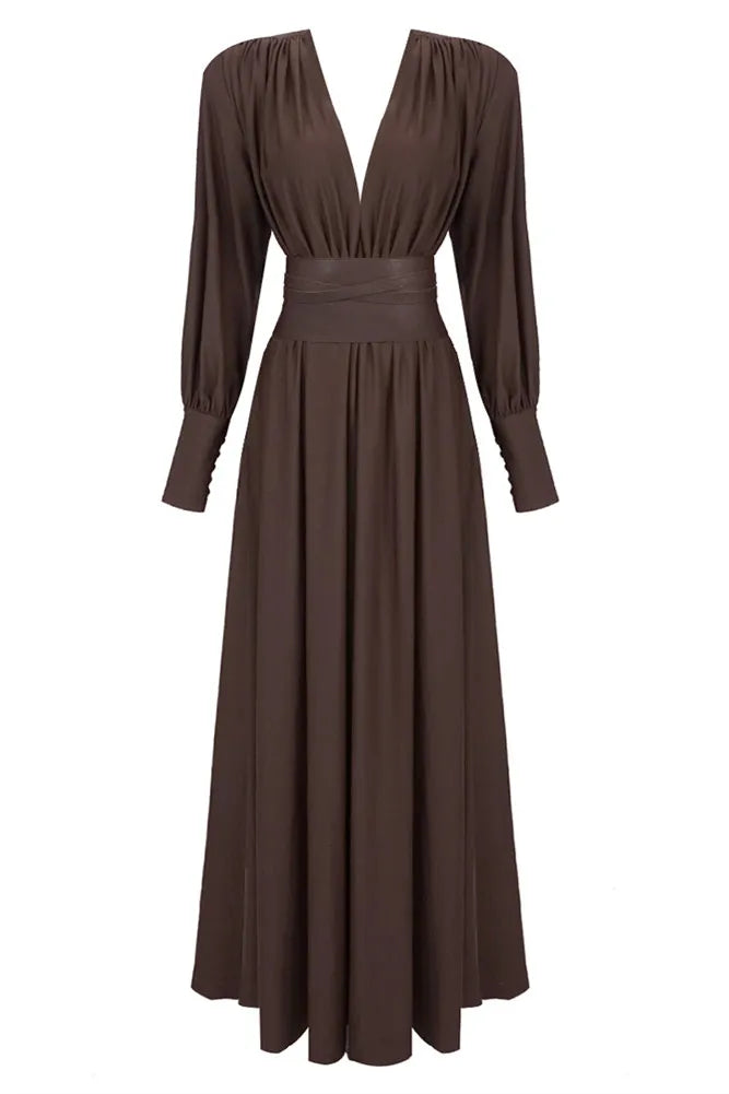 Deep V-Neck Lantern Sleeve Draped Pleated Dress