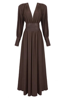 Deep V-Neck Lantern Sleeve Draped Pleated Dress