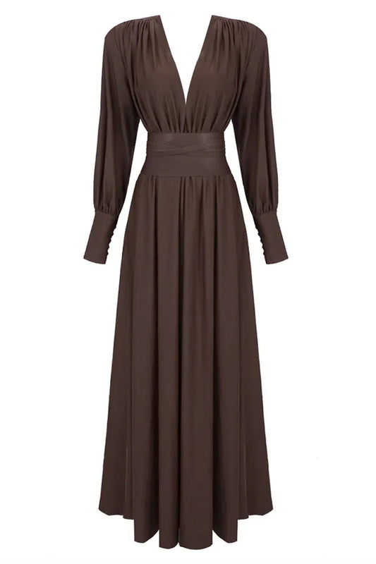 Deep V-Neck Lantern Sleeve Draped Pleated Dress