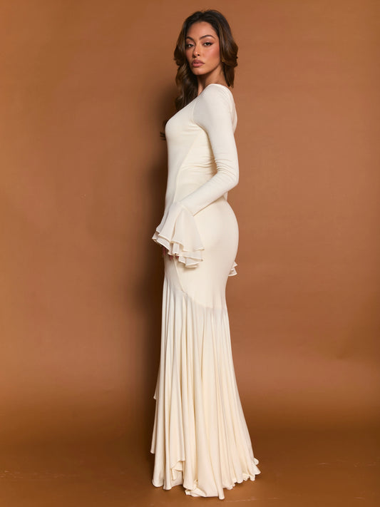 Square Neck Ruffle Long-Sleeve Asymmetrical Hem Maxi Dress
