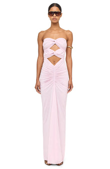 Strapless Front-Knot Cutout Ruched Maxi Dress