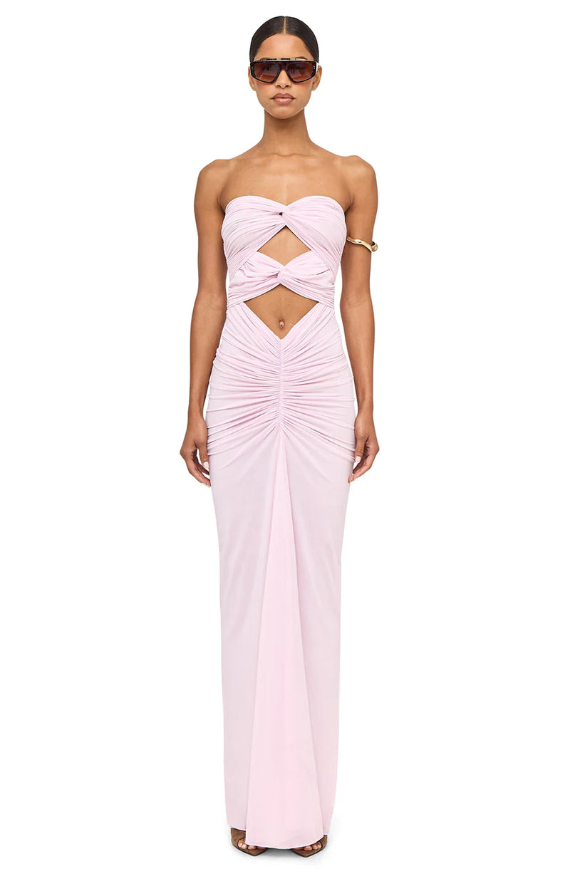 Strapless Front-Knot Cutout Ruched Maxi Dress