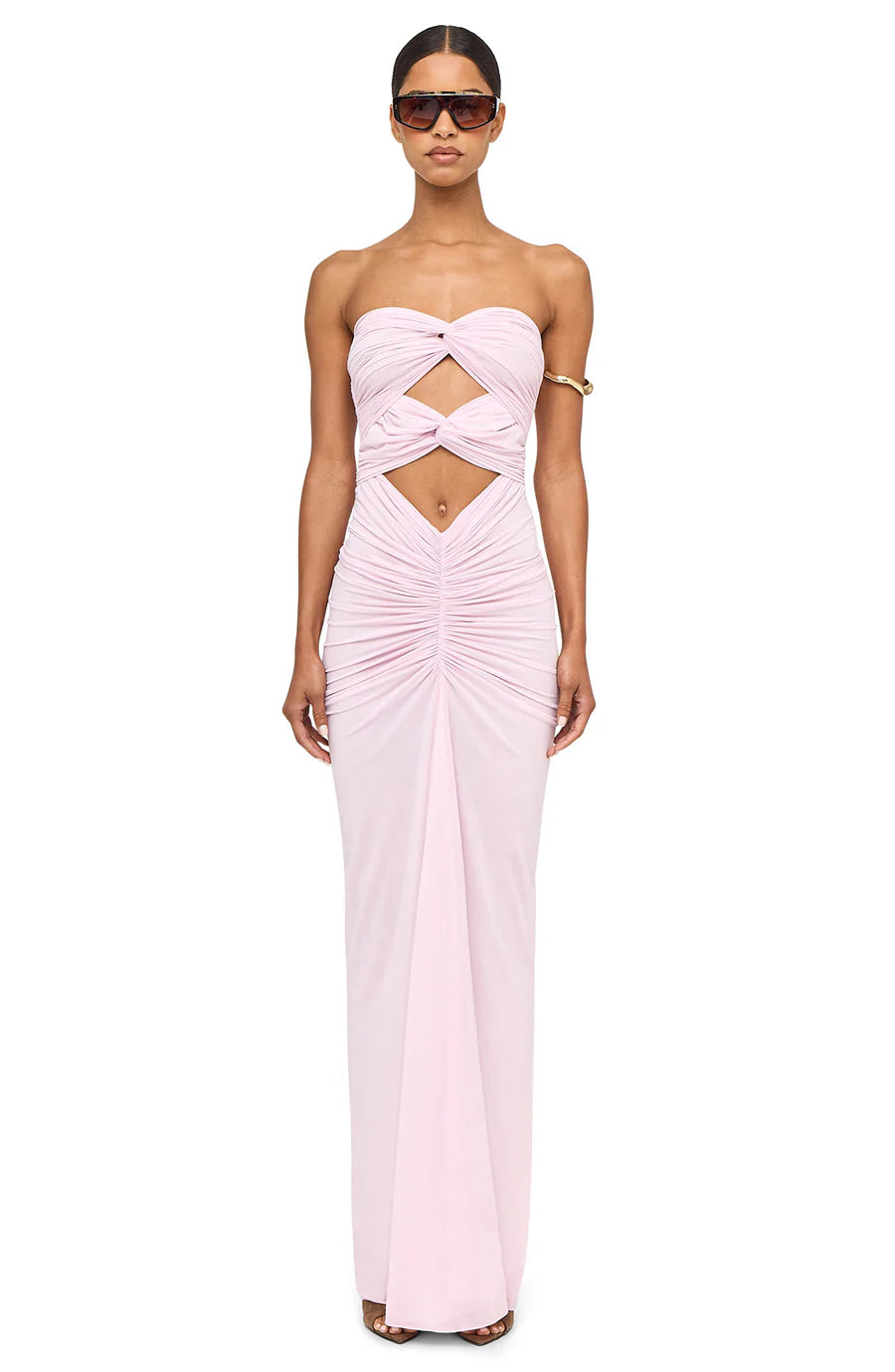 Strapless Front-Knot Cutout Ruched Maxi Dress