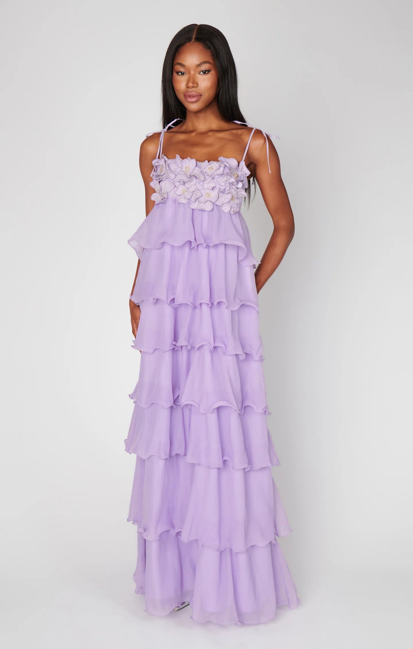 Spaghetti Strap 3D Floral Tiered Dress
