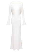Boat-Neck Draped Open-Back Long-Sleeve Dress