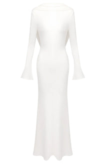 Boat-Neck Draped Open-Back Long-Sleeve Dress