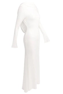 Boat-Neck Draped Open-Back Long-Sleeve Dress