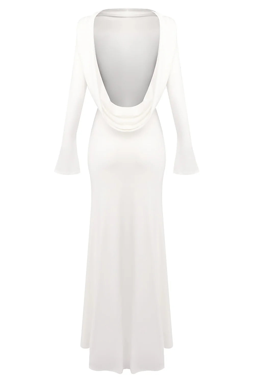 Boat-Neck Draped Open-Back Long-Sleeve Dress