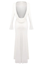 Boat-Neck Draped Open-Back Long-Sleeve Dress