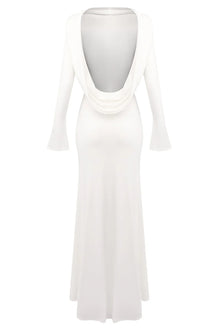 Boat-Neck Draped Open-Back Long-Sleeve Dress