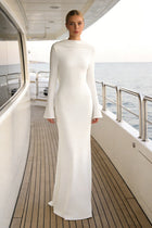 Boat-Neck Draped Open-Back Long-Sleeve Dress
