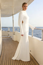 Boat-Neck Draped Open-Back Long-Sleeve Dress