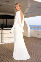 Boat-Neck Draped Open-Back Long-Sleeve Dress