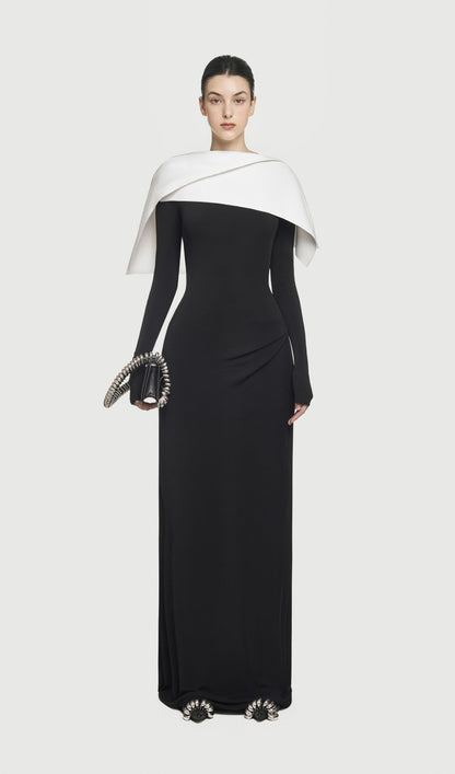 Asymmetrical Draped Shoulder Pleat Maxi Dress