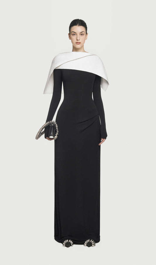Asymmetrical Draped Shoulder Pleat Maxi Dress