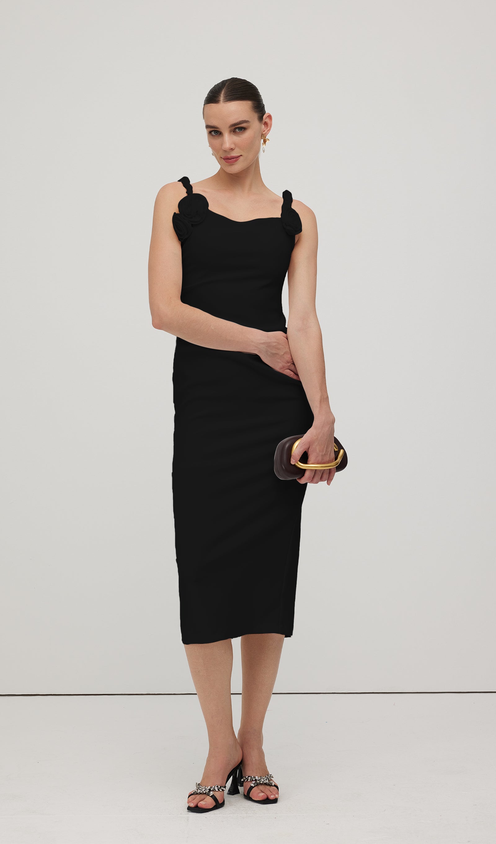 Solid Flower Sleeveless Midi Dress