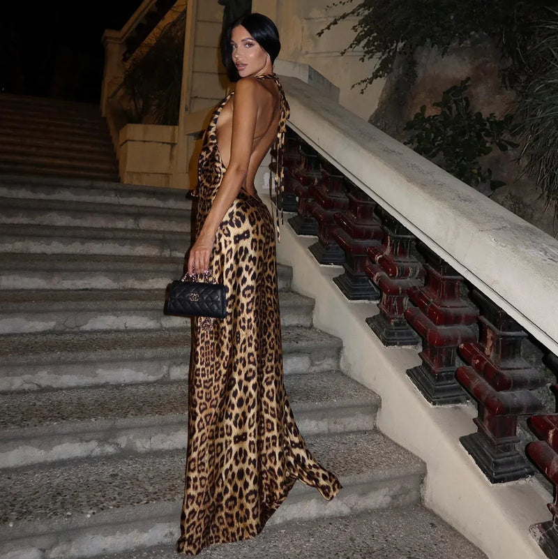 Leopard Print Halter Tie-Backless Maxi Dress
