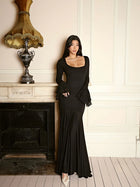 Square Neck Ruffle Long-Sleeve Asymmetrical Hem Maxi Dress