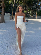 Satin Strapless Lace Trim Front Slit Dress