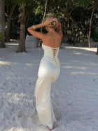 Satin Strapless Lace Trim Front Slit Dress