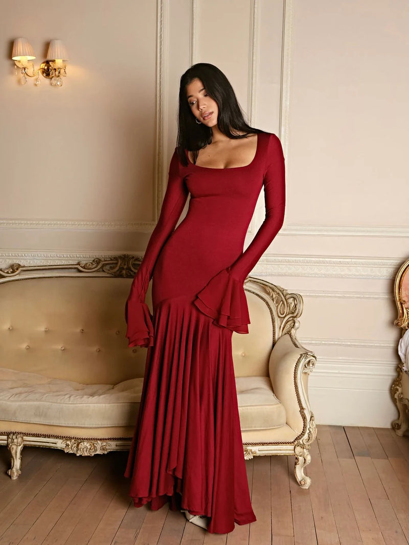 Square Neck Ruffle Long-Sleeve Asymmetrical Hem Maxi Dress