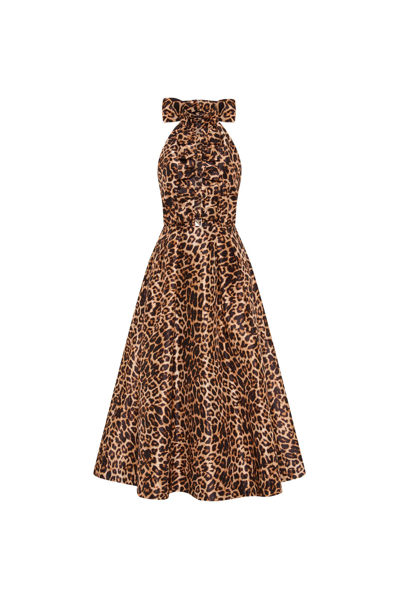 Halter Tie-Back Leopard A-Line Backless Bow-Detail Dress