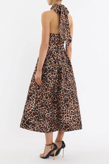 Halter Tie-Back Leopard A-Line Backless Bow-Detail Dress