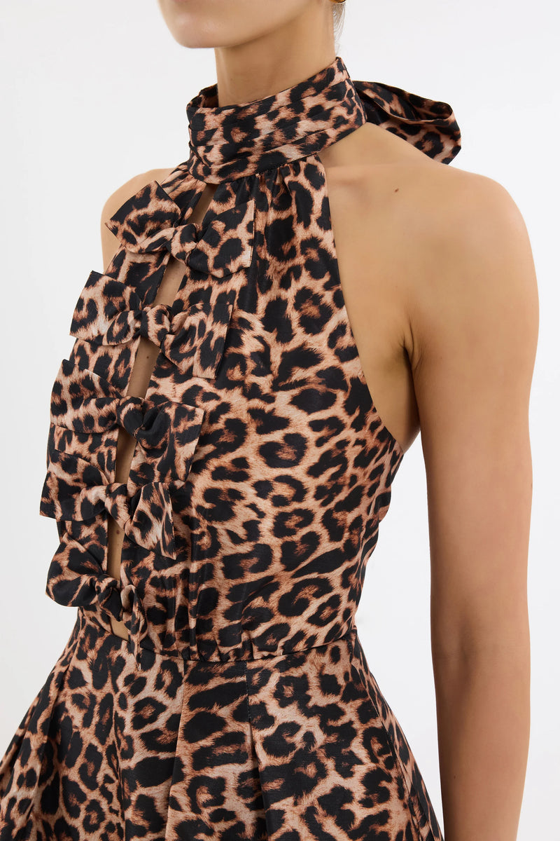 Halter Tie-Back Leopard A-Line Backless Bow-Detail Dress