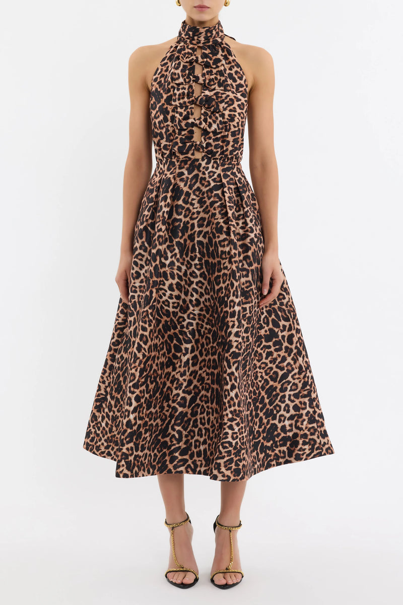 Halter Tie-Back Leopard A-Line Backless Bow-Detail Dress