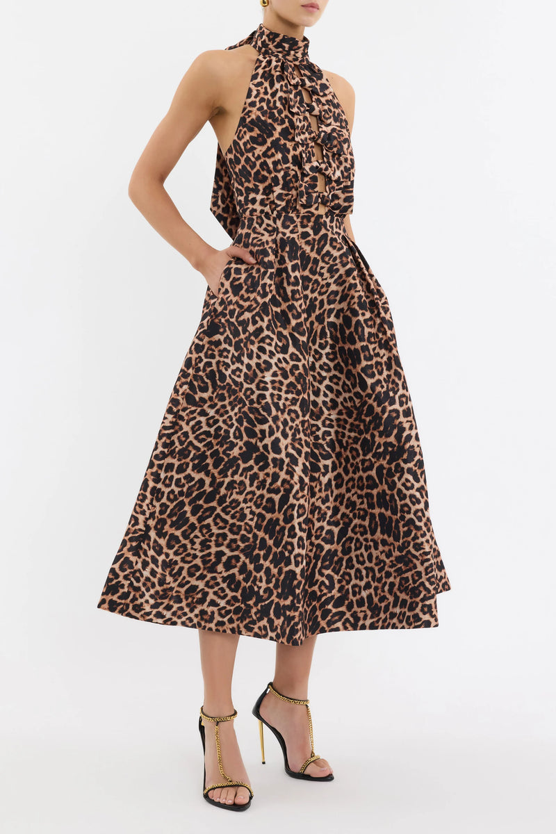 Halter Tie-Back Leopard A-Line Backless Bow-Detail Dress