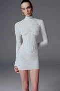 High-Neck Long-Sleeve Corset-Inspired Lace Mini Dress