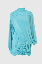 High-Neck Asymmetric Shoulder Ruched Draped Mesh Dress