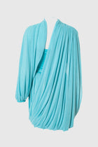 High-Neck Asymmetric Shoulder Ruched Draped Mesh Dress