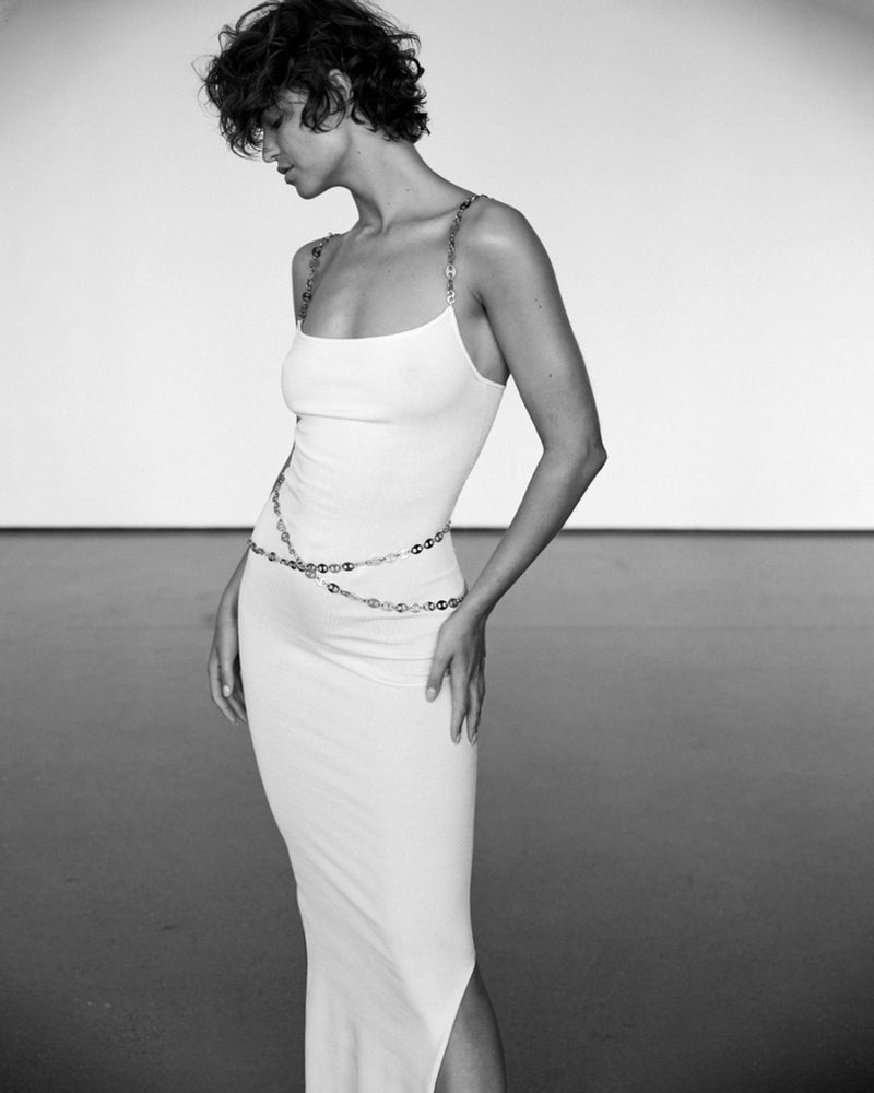 Metal-Chain Strap Bodycon Slit White Dress