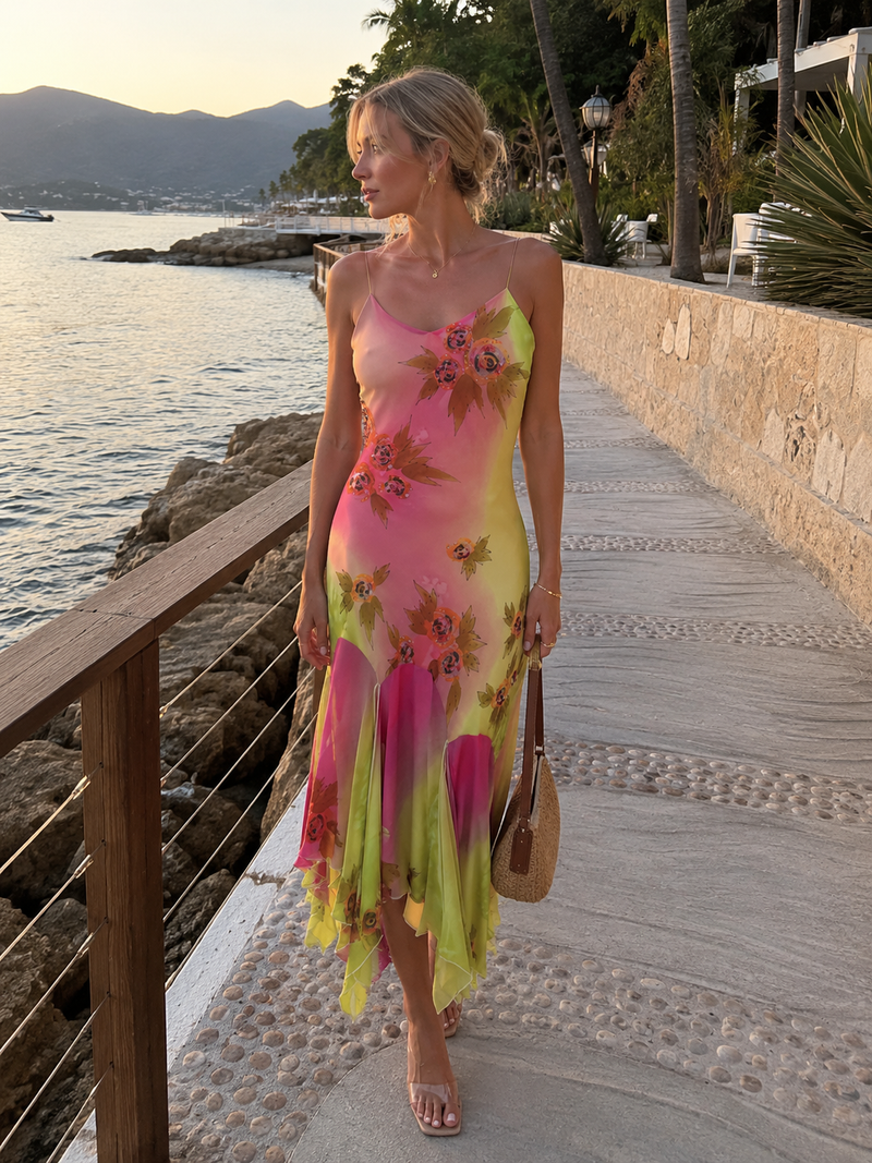 Hand-Beaded Ombre-Dyed Chiffon Spaghetti Strap Dress