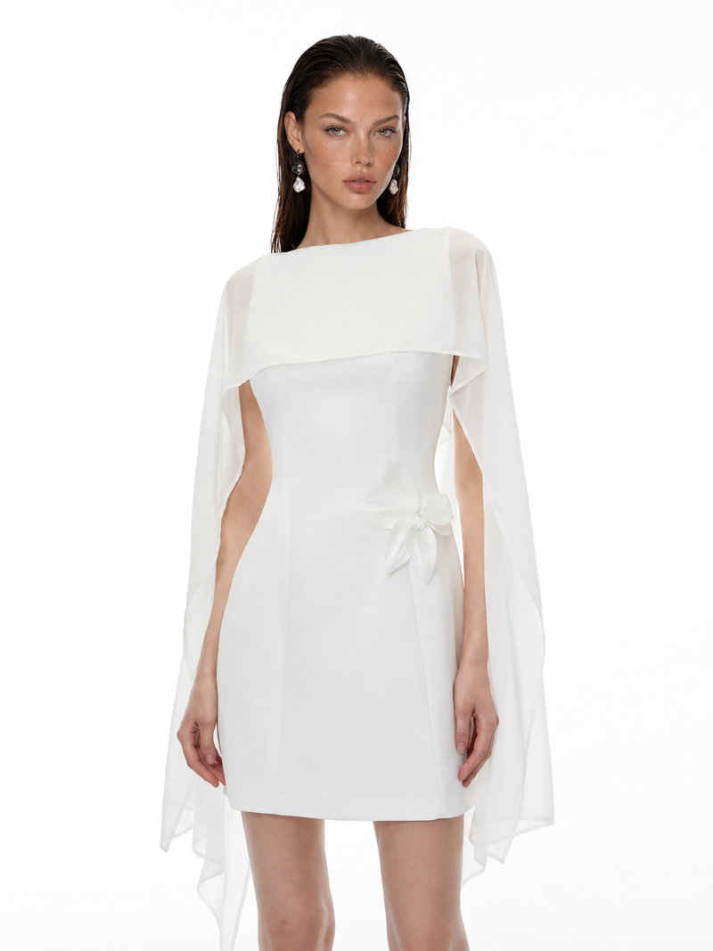 Draped Boat-Neck Sleeveless 3D Floral-Waist Mini Dress