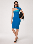 Blue Asymmetric-Shoulder Lace-Trim Bust Bodycon Midi Dress