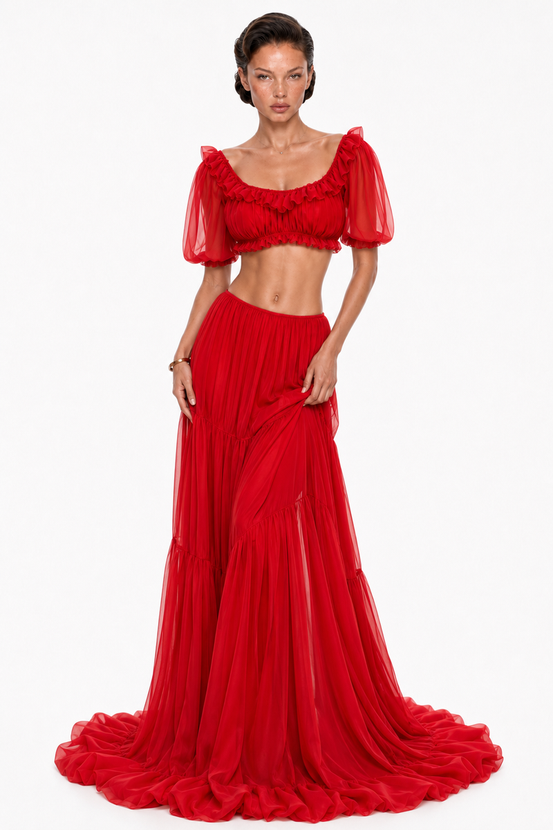 Scoop-Neck Lettuce-Trim Puff-Sleeve Cropped Top and Low-Rise Ruched Skirt Chiffon Set