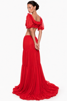 Scoop-Neck Lettuce-Trim Puff-Sleeve Cropped Top and Low-Rise Ruched Skirt Chiffon Set