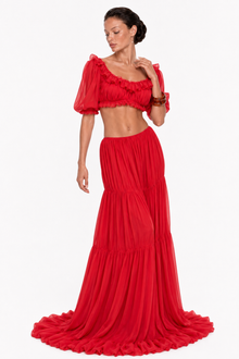 Scoop-Neck Lettuce-Trim Puff-Sleeve Cropped Top and Low-Rise Ruched Skirt Chiffon Set