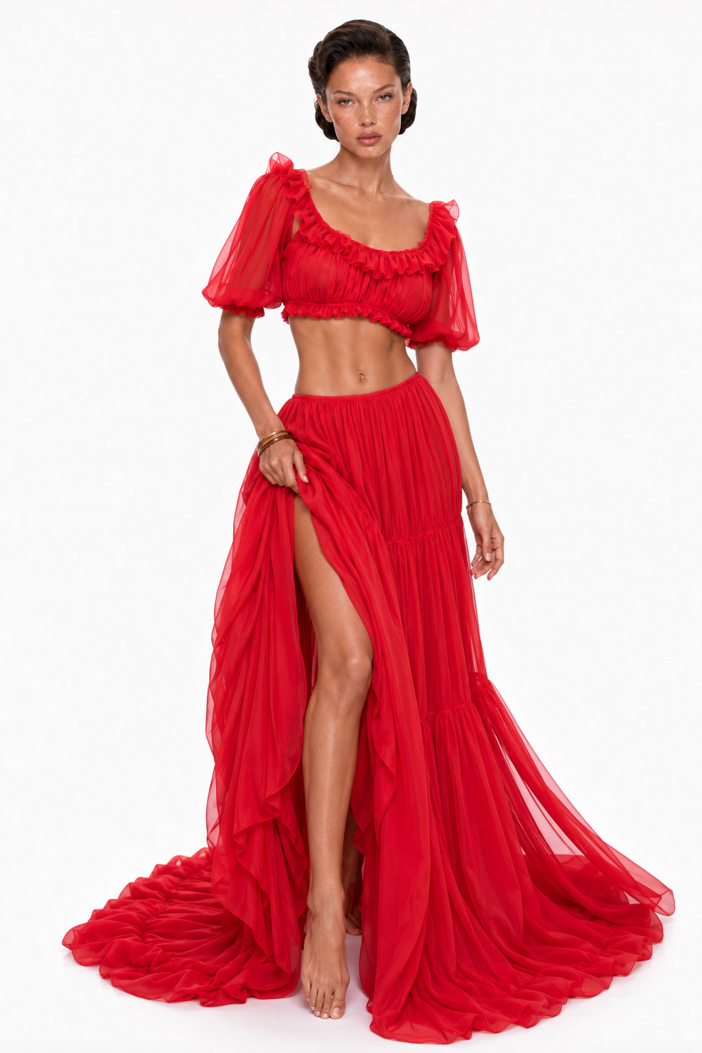 Scoop-Neck Lettuce-Trim Puff-Sleeve Cropped Top and Low-Rise Ruched Skirt Chiffon Set