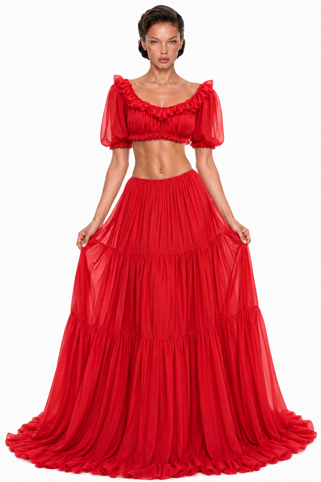 Scoop-Neck Lettuce-Trim Puff-Sleeve Cropped Top and Low-Rise Ruched Skirt Chiffon Set