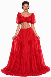 Scoop-Neck Lettuce-Trim Puff-Sleeve Cropped Top and Low-Rise Ruched Skirt Chiffon Set