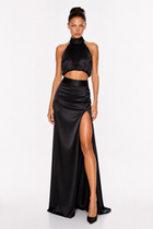 High-Neck Sleeveless Top and High-Waisted Side-Slit Satin Skirt Set