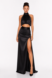 High-Neck Sleeveless Top and High-Waisted Side-Slit Satin Skirt Set