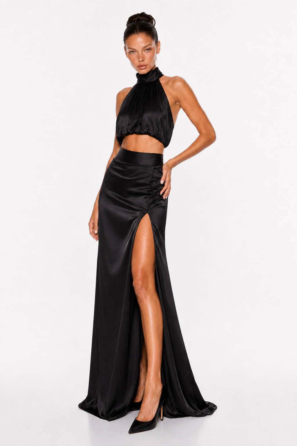 High-Neck Sleeveless Top and High-Waisted Side-Slit Satin Skirt Set