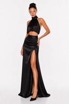 High-Neck Sleeveless Top and High-Waisted Side-Slit Satin Skirt Set