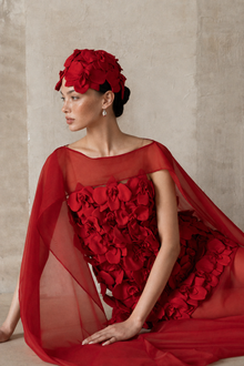 Straight-Neck Cape-Style Spaghetti-Strap 3D Floral Evening Gown