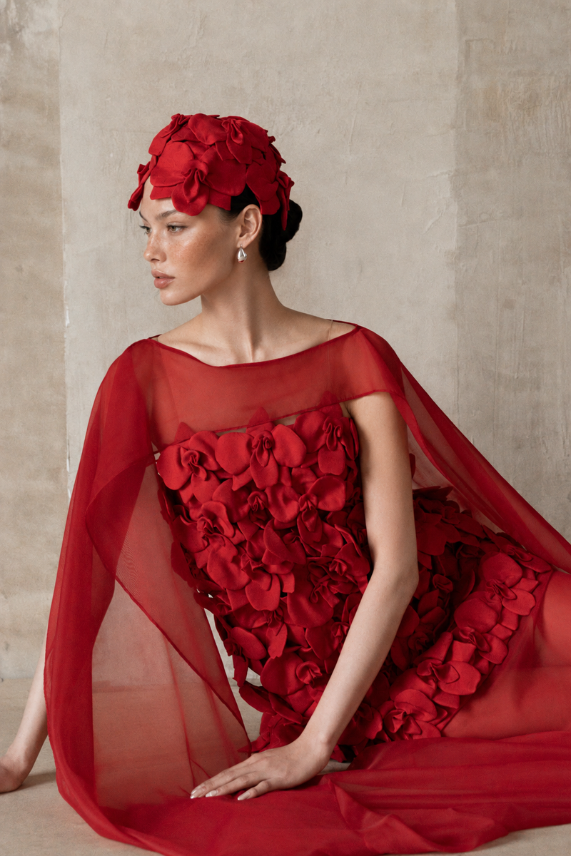 Straight-Neck Cape-Style Spaghetti-Strap 3D Floral Evening Gown